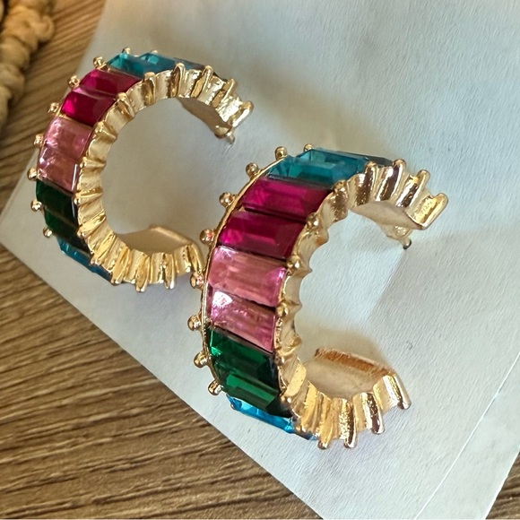 VTG 90s Womens Hoop Earrings Rainbow Gold Plated Art Glass Retro Vintage Style - Picture 9 of 9